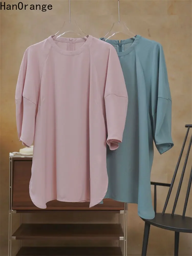 HanOrange 2025 Summer Slightly Transparent Lantern Sleeves Shirt Women Loose Mesh Thin Top Turquoise Green/Light Gray Powder