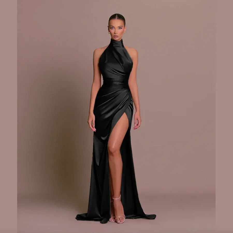 Vestidos de dama de honor con cuello Halter para mujer, elegante vestido de fiesta de satén con abertura larga y fruncido, vestidos de fiesta de