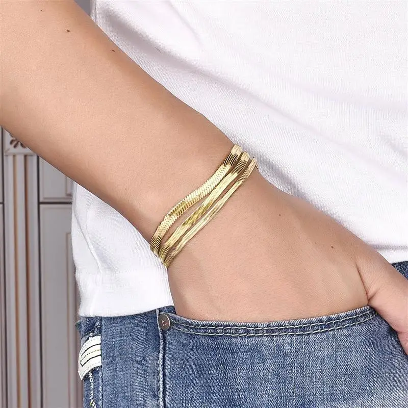 3/4/5mm Gold Plated Stainless Steel Flat Bracelet Waterproof Filmy Snake Chain for Men Women Classic Bracelets Jewellery