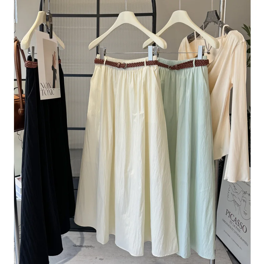 Women's Flowy Maxi Skirt, Casual Elastic Waist A-Line Skirt with Braided Belt, Loose Fit Summer Casual Wear