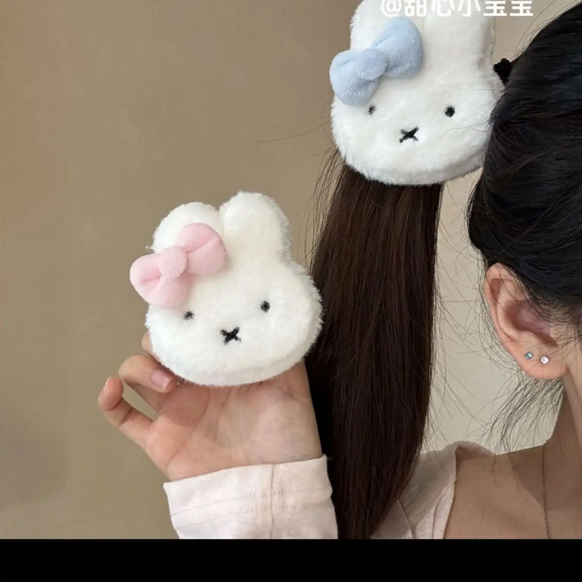 Cute Miffy Rabbit Hairclip Scrunchie Kawaii Fluffy 3D Bunny Bow Decor Hair Soft Elastic Hairclip Sweet Accessories