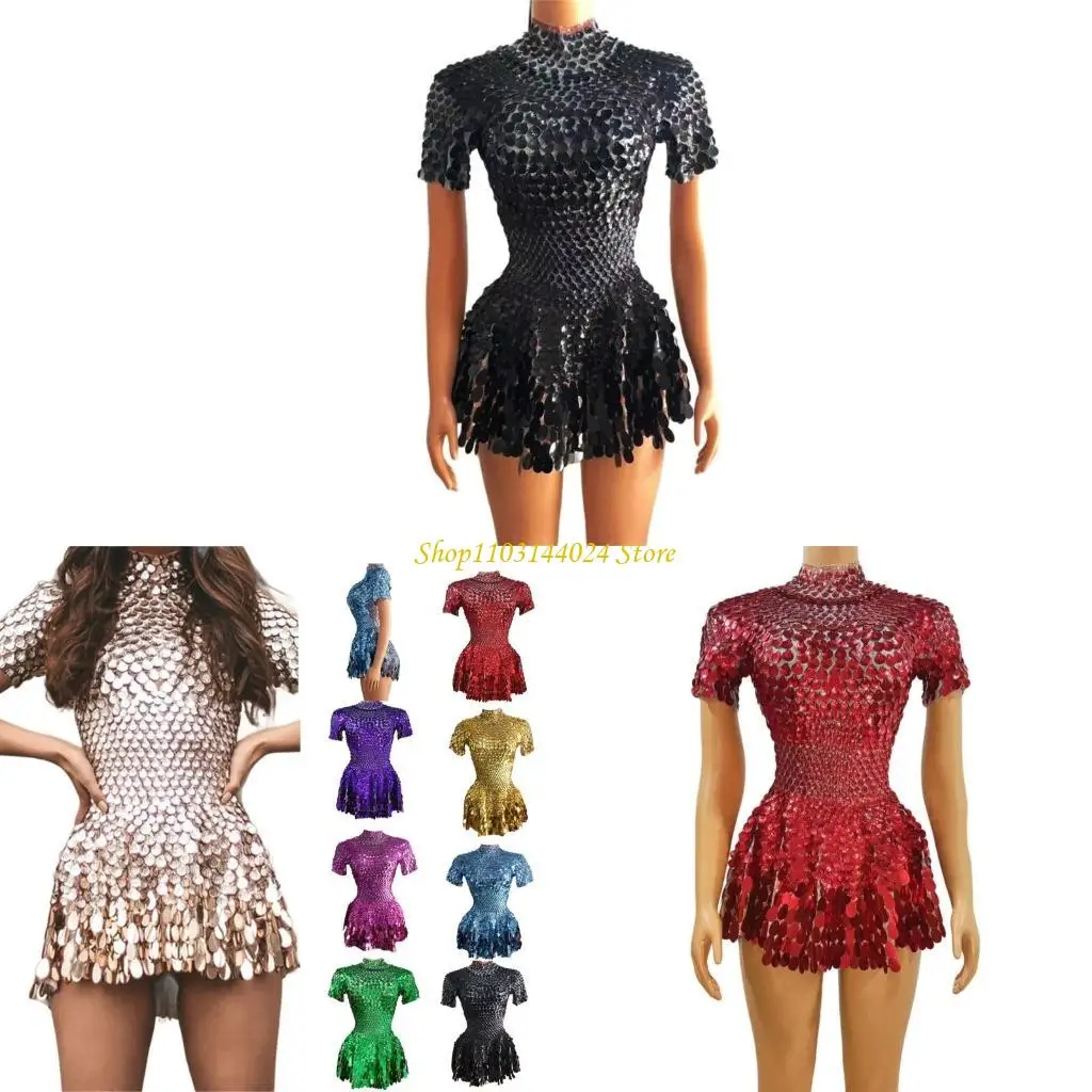

N5KE Sparkling Sequins Dance Costume Short Sleeved Dress For Parties And Competitions
