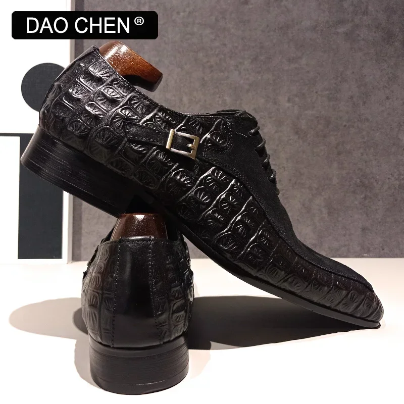 Luxury Brand Men Oxford Shoes Lace up Split Toe Brown Black Mens Dress Shoes Suede Mix Crocodile Print Leather Shoes Men