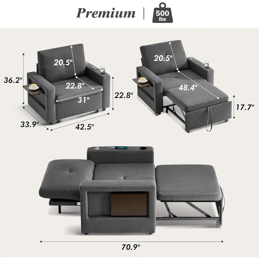 convertible 3-in-1 sleeper sofa chair with pull-out bed and adjustable reclining backrest, side pockets