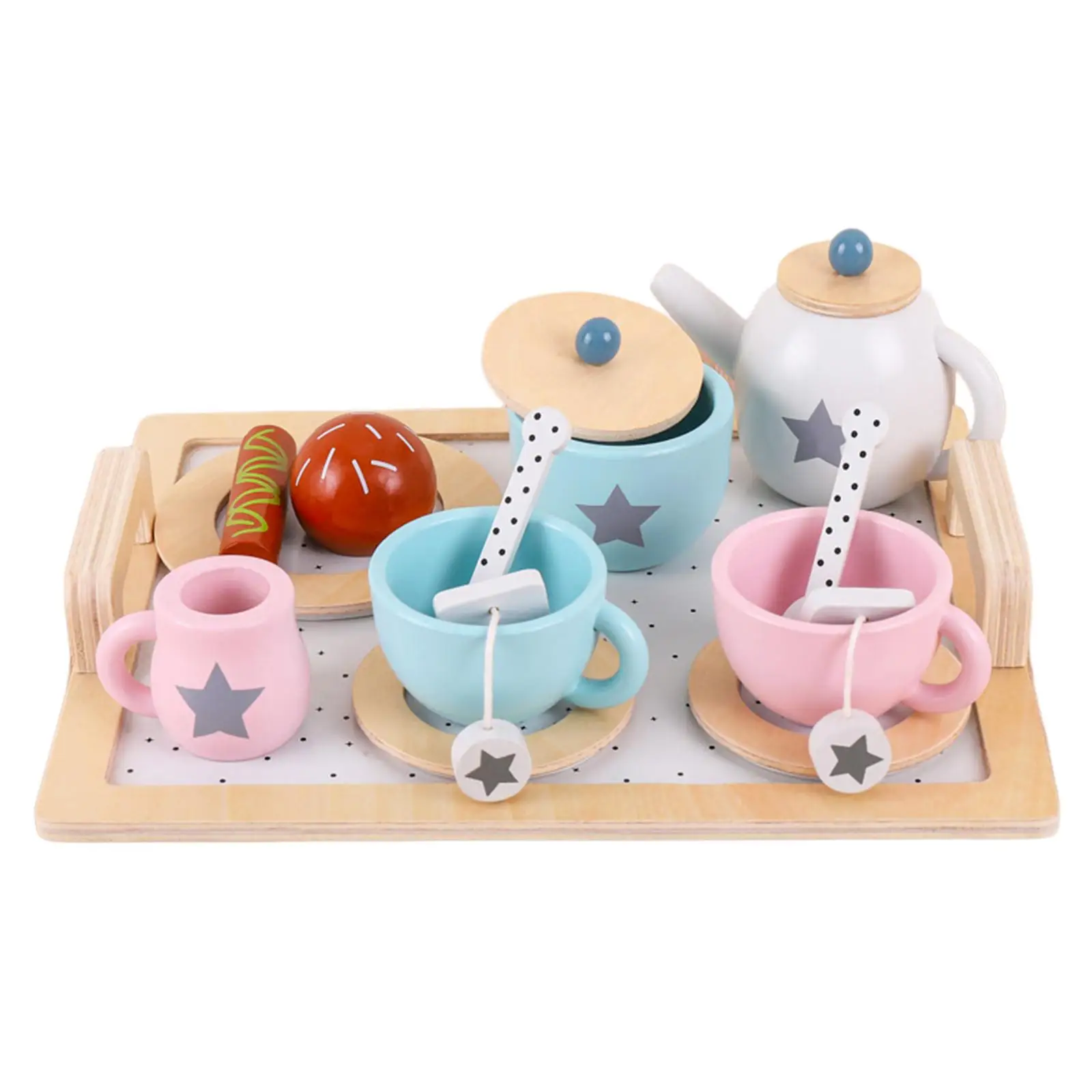 9 Pieces Montessori Wooden Tea Set Toys Mini Wooden Scoops and Wooden Serving Tray Motor Learning Educational Toys