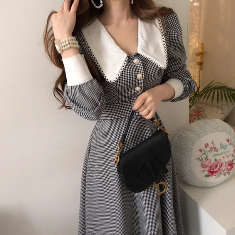 Korean Chic Temperament Single-breasted Lapel Plaid Dress Sashes Slim High Waist Puff Long Sleeve Vestido Feminino Elegant Fall