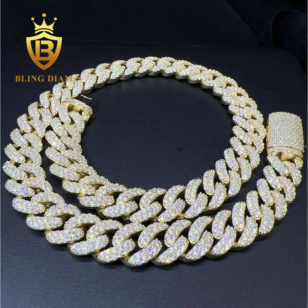 

Factory Price 15mm Iced Out Miami Hip Hop Chain 10k Gold Plated Silver Vvs Moissanite Diamond Cuban Link Chain