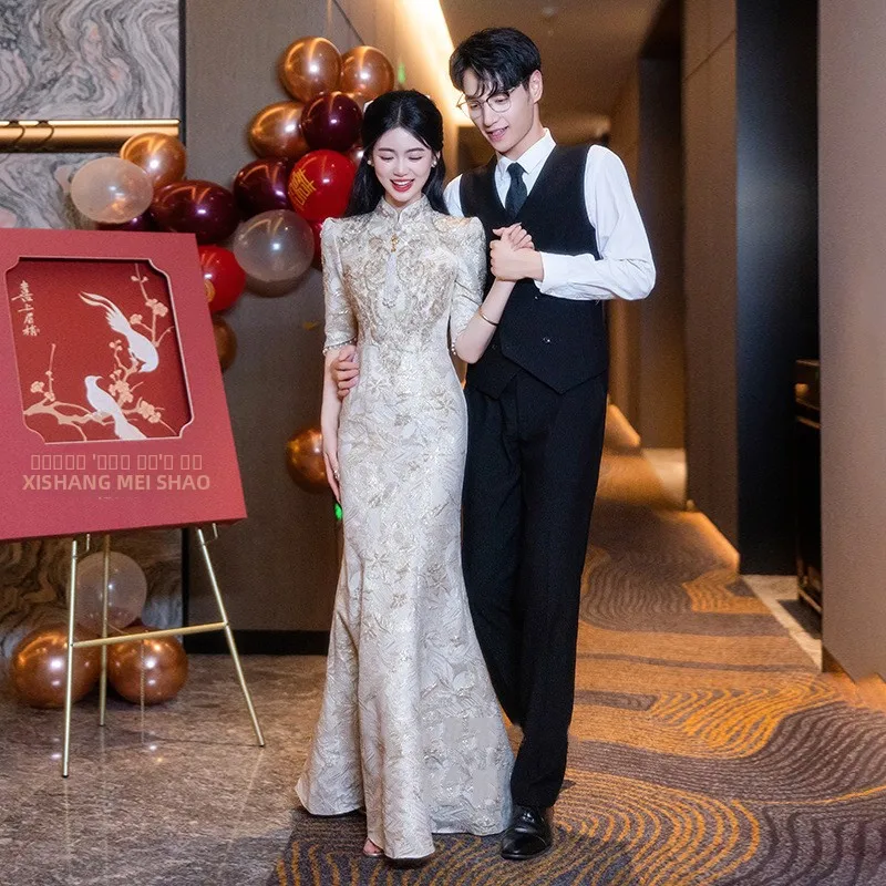 

2025 New Spring Long Chinese Sle Wedding Dr Fi Tail Gown Ele Sensation Qipao Dr for Engagement And Toast