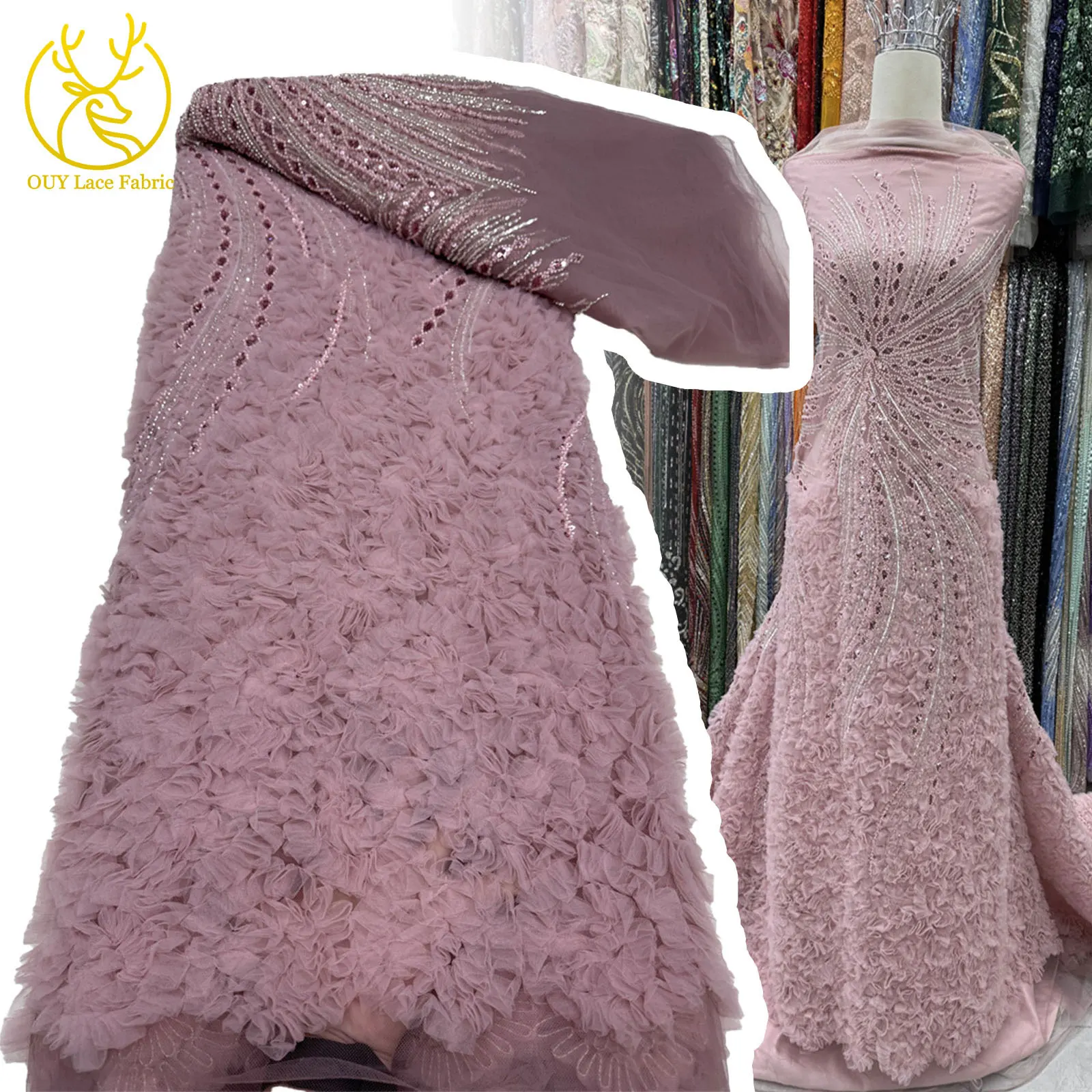 

3D Luxury French Sequin Bead Lace Chiffon Lace Fabric Nigerian Bride Embroidery Lace Fabric Wedding Dress Sewing Material 5Yards