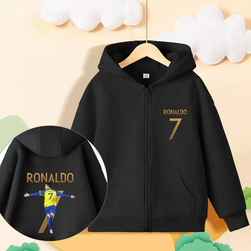 Football star Ronaldo, children\'s hoodie, zip up shirt, casual and fashionable style for boys and girls aged 3-14