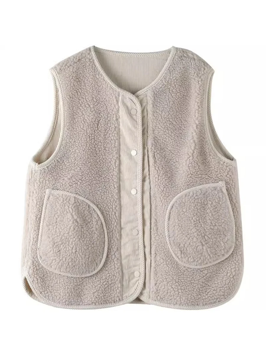 Double-Sided Wear Lamb Fur Vest Artistic Loose Women\'s Corduroy Tank Top Two-Way Wearable Female Jacket Commute Style round Neck