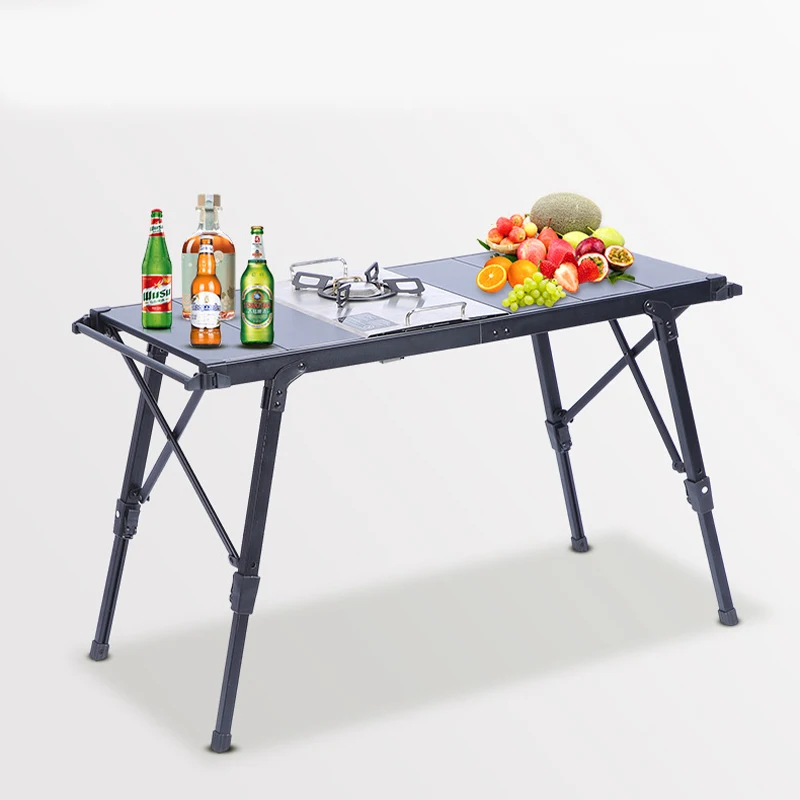 Height Adjustable Outdoor Foldable Picnic Table Black Aluminum Collapsible Cooking Bbq IGT Camping Grill Table