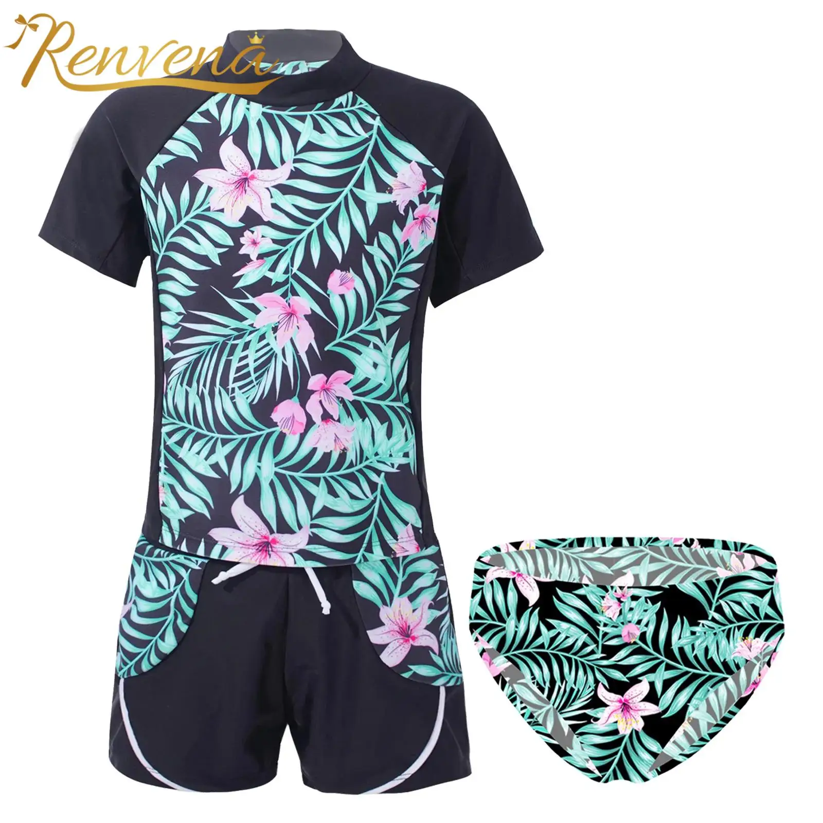 

Kids Girls Printed Swimwear Bathing Set Short Sleeve Tops with Drawstring Waistband Shorts Briefs Children Swim Sets Beach Wear