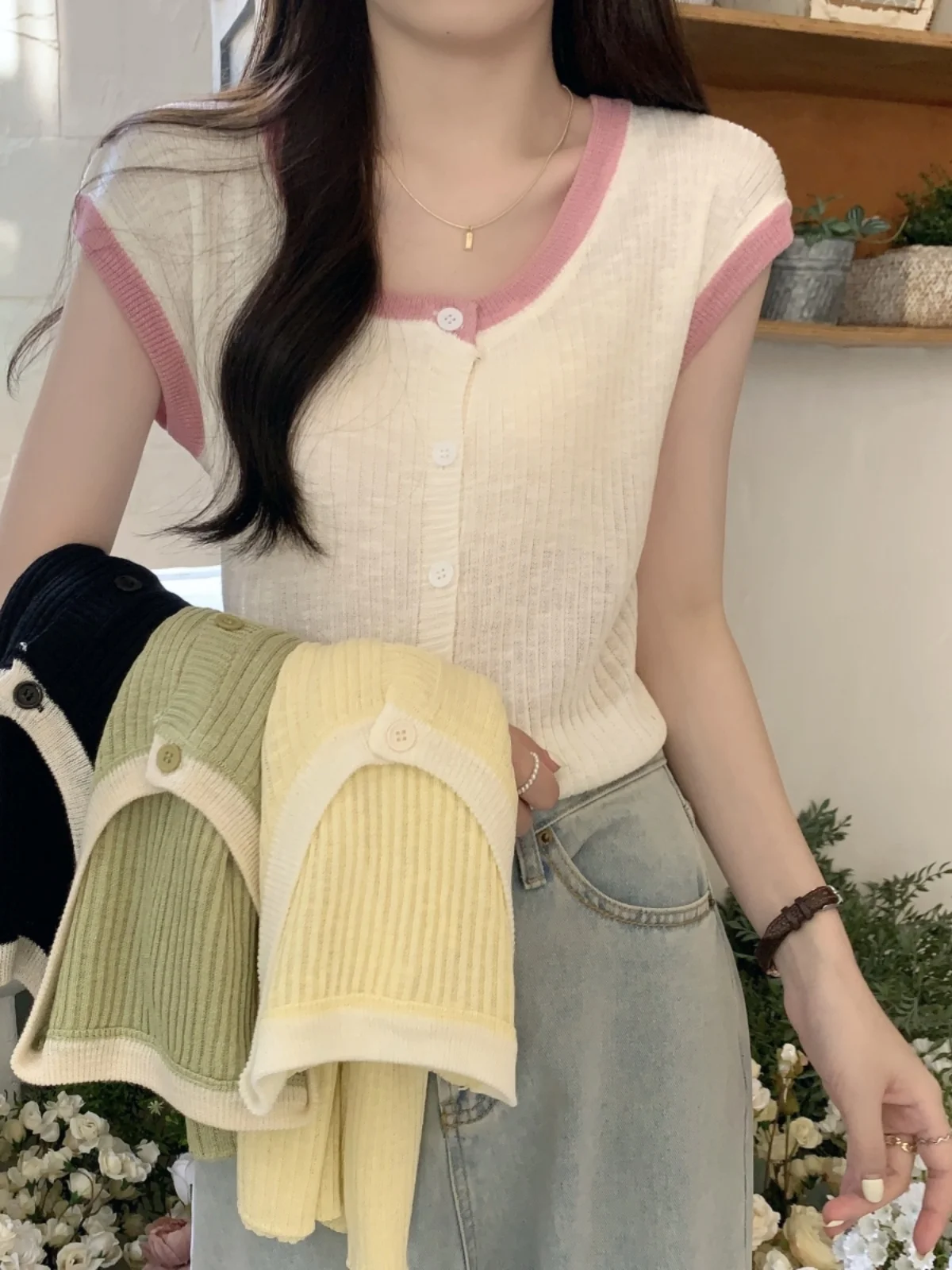 

Ретро-кардиган из ледяного шелка, вязаный, тонкий, летний, женский, новинка 2023 года, модный топ в стиле INS