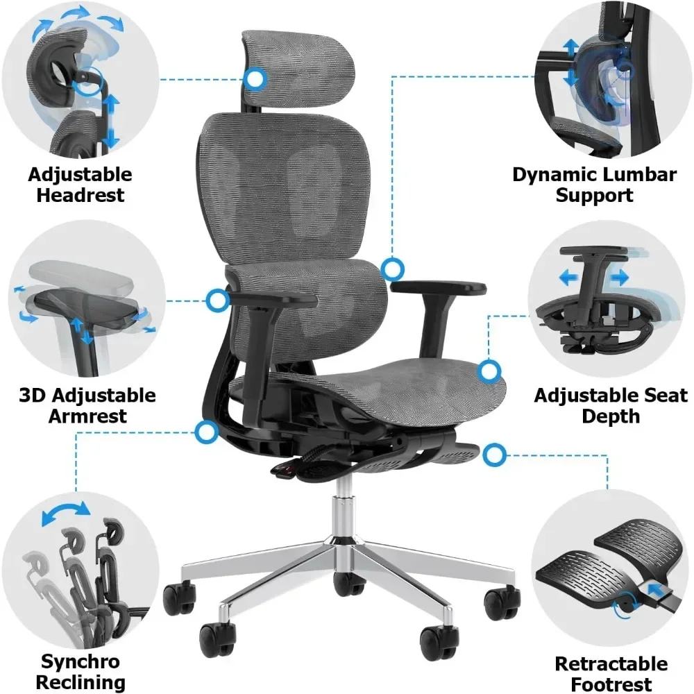 Cadeira de escritório ergonômica de malha com apoio de braço ajustável 3D, cadeira de computador de mesa com encosto alto Ergo3d Cadeira de escritório ergonômica