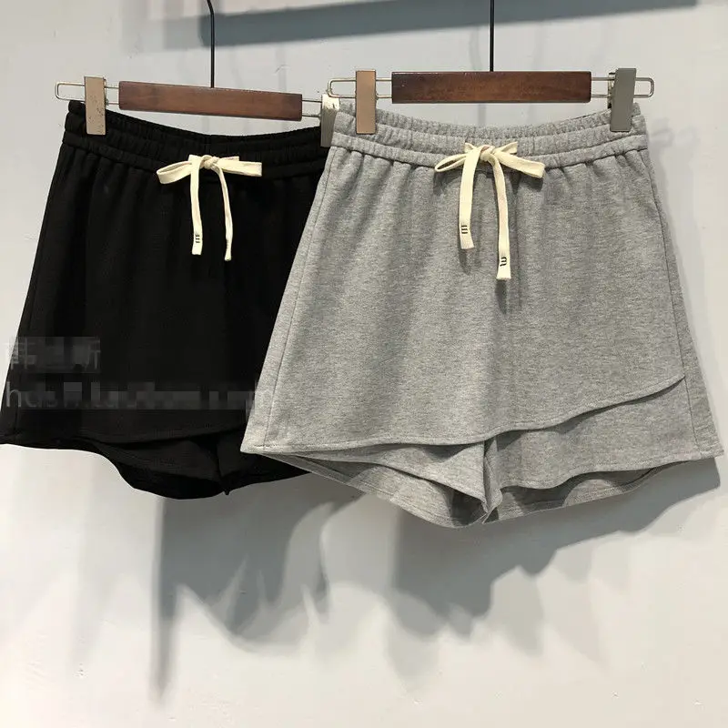 Culottes Women Oversize 145KG Solid Color Shorts Skirts Elastic Waist Loose Fake Two-piece Patchwork A-line Wide Leg Short Pants