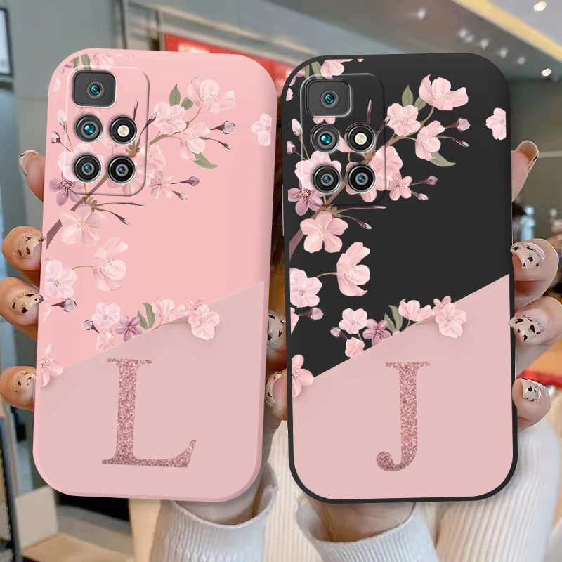 Initial Letter A Z Case For Redmi 10 4G Cover Pink Flower Soft Silicone Back Funda For Xiaomi Redmi10 Coque Bumper Couple Shell