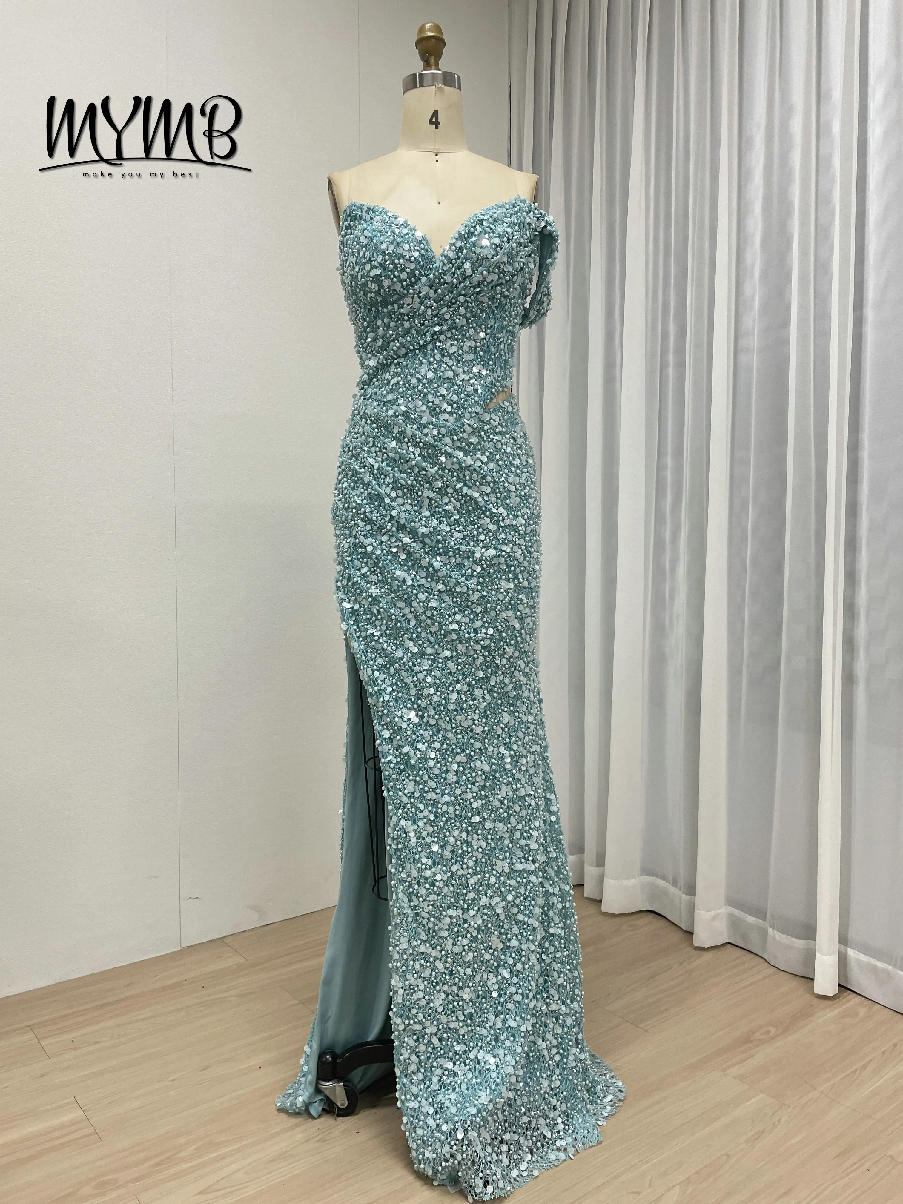 Mymb elegante azul verde sereia vestidos com alta divisão lantejoulas vestidos formais ruched detalhando miçangas cintura natural my30172