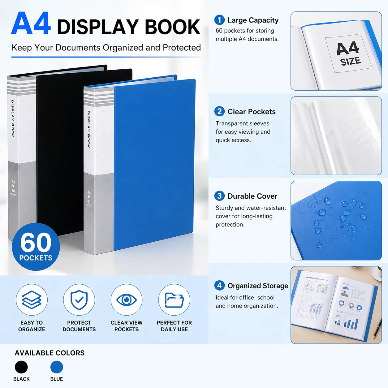 

Comix A4 Display Book 60 Pockets Document Organizer Folder Clear File Presentation Book for Office School Storage