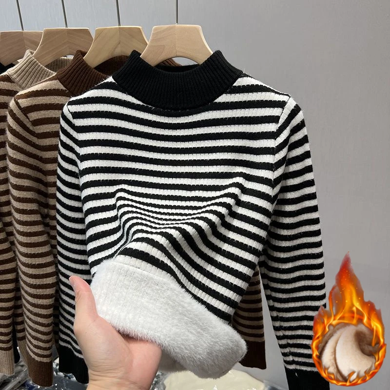 2024 Women\'s Turtleneck Stripe Velvet Thicken Sweaters Winter Slim Warm Knitted Tops Casual Plush Fleece Lined Soft Pullover