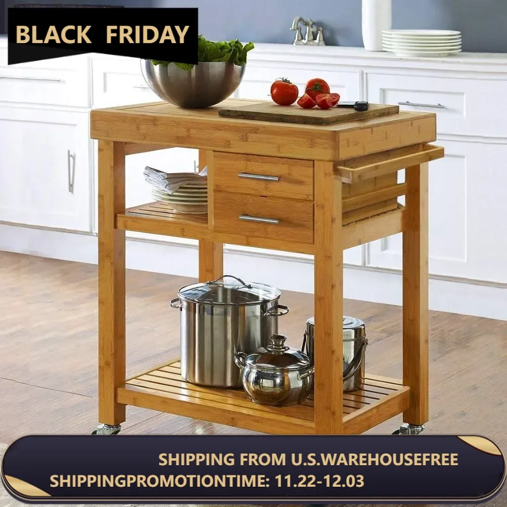 Rolling Kitchen Island Cart with Drawers Shelves, Towel Rack, Locking Casters, Butcher Block Food Prepping Cart Trolley