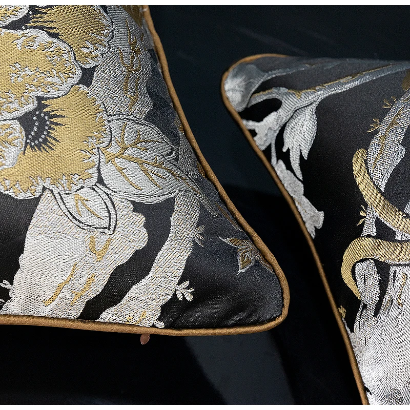 DAVINRICH Ancient Chinese Art Cushion Covers Black Gold Flower Bird Jacquard Pillow Case For Living Room Sofa Hotel Model Room