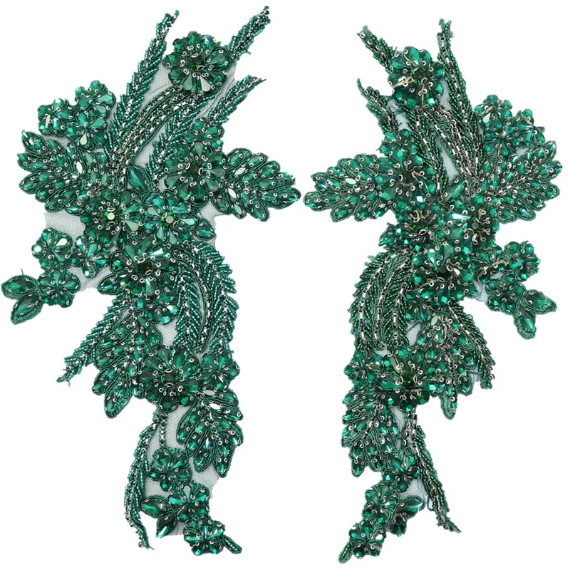 

1 Pair/Lot Shining Rhinestone Crystal Beaded Sew On Bridal Applique Pair for Wedding Sash Belt Gown Straps 14 x 27 cm