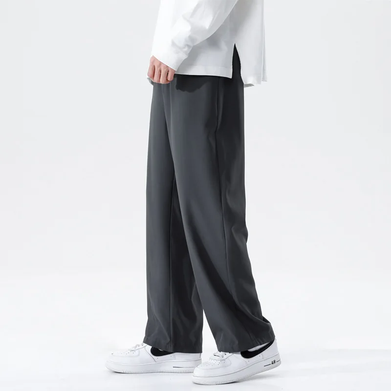 Summer Thin Ice Silk Quick Drying Pants for Men Sports and Leisure Men\'s Pants Korean Fashion Solid Color Wide Leg Pants