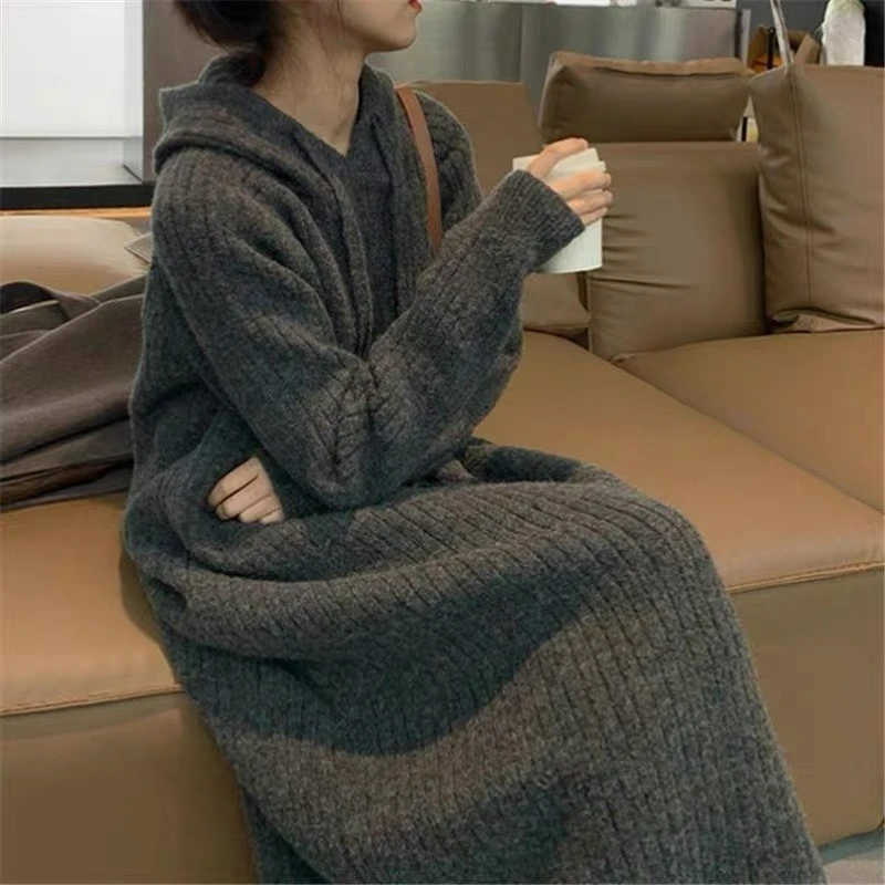 Mid-length Hooded Knitted Dress for Women, New Autumn and Winter Style, Loose Fit, Slimming, Lazy Pullover Sweater Dress