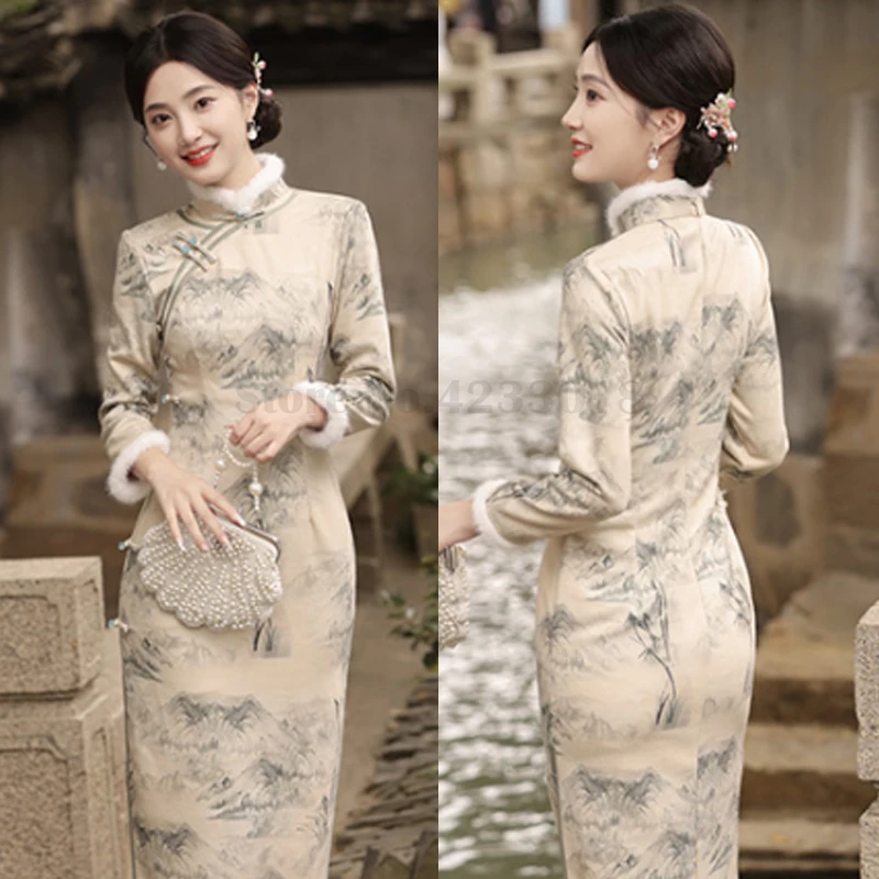 Mandarin Collar Chinese Traditional Dress Vintage Printed Cheongsam Plus Size Slim Classic Elegant Qipao Winter Thickened Qipao