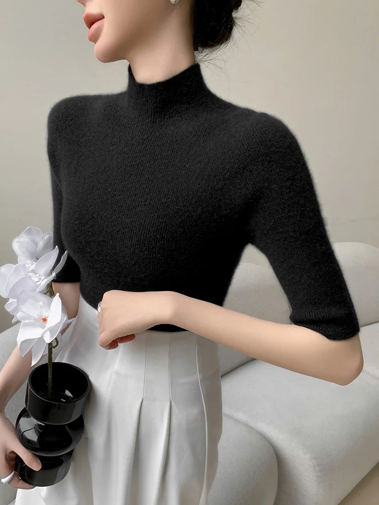 New Fashion Women Slim Mock Neck Half Sleeve Pullover Sweater Pure Color Basic Soft 100% Merino Wool Knitwear Spring Summer Tops