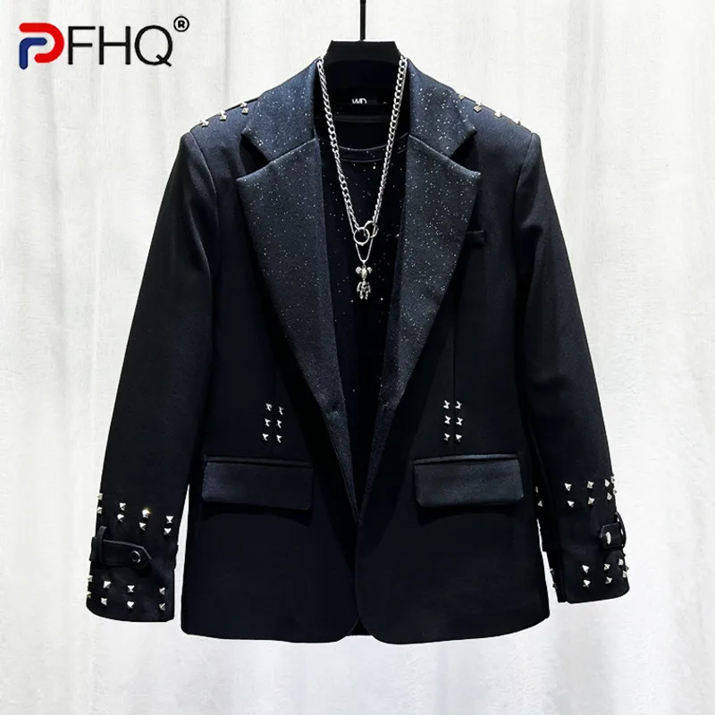 PFHQ Men's Metal Rivet Decoration Design Star Jacket 2024 Long Sleeve Korea Fashion Solid Color Male Blazer Loose 21Z7627