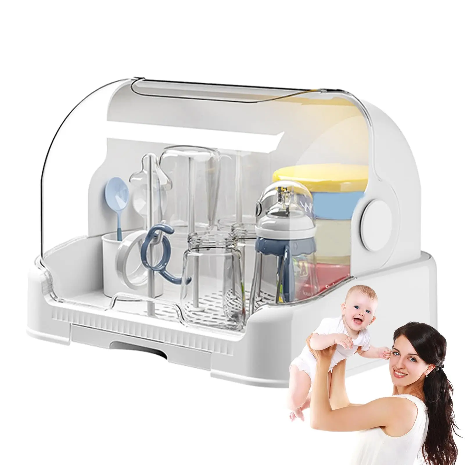 아기 젖병 건조대 먼지 방지 젖병 보관함 탈착식 물받이 트레이 뚜껑 포함 유아용 젖병 건조대