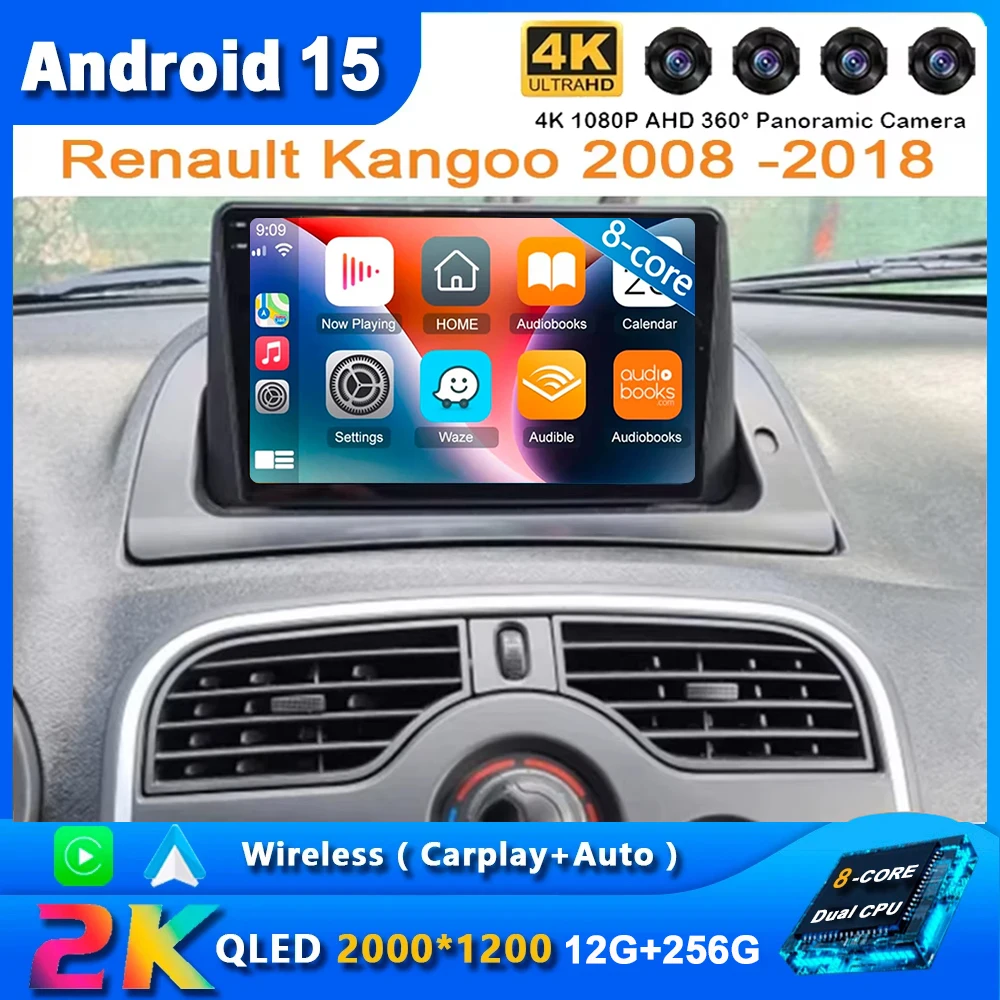 Für Renault Kangoo 2008-2018 2 Din Android 15 Auto Radio Multimedia Player Carplay Autoradio Stereo GPS IPS 2K QLED 4G Kopf Einheit