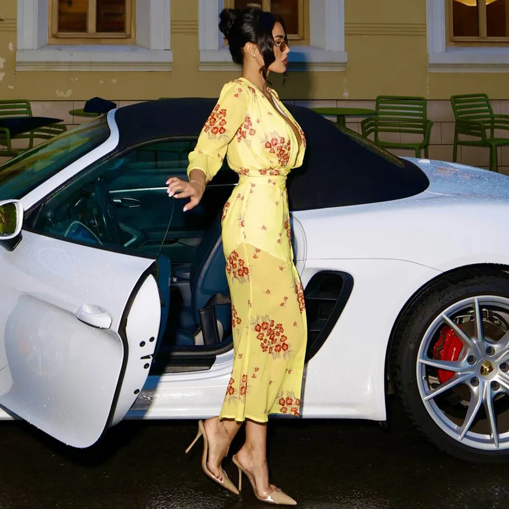 عميق الخامس الرقبة طباعة فستان ماكسي مثير للنساء سليم الفخذ سبليت عالية الخصر أنيقة موضة فستان مناسبات الإناث فيستدو