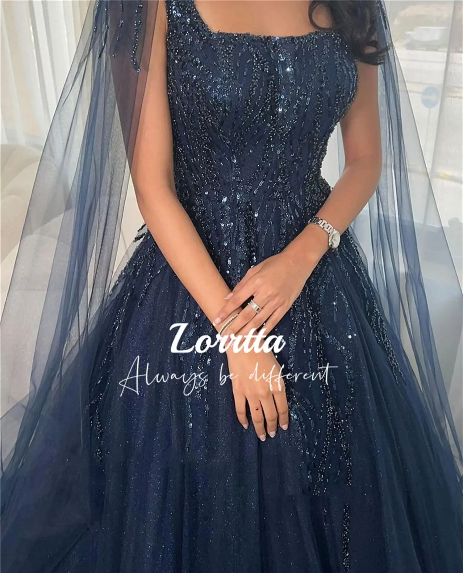 Customized Tailing Mesh Bead Glitter Decoration Navy Blue Shawl Evening Dress Fluffy Graduation Dresses With Long Sleeves Formal