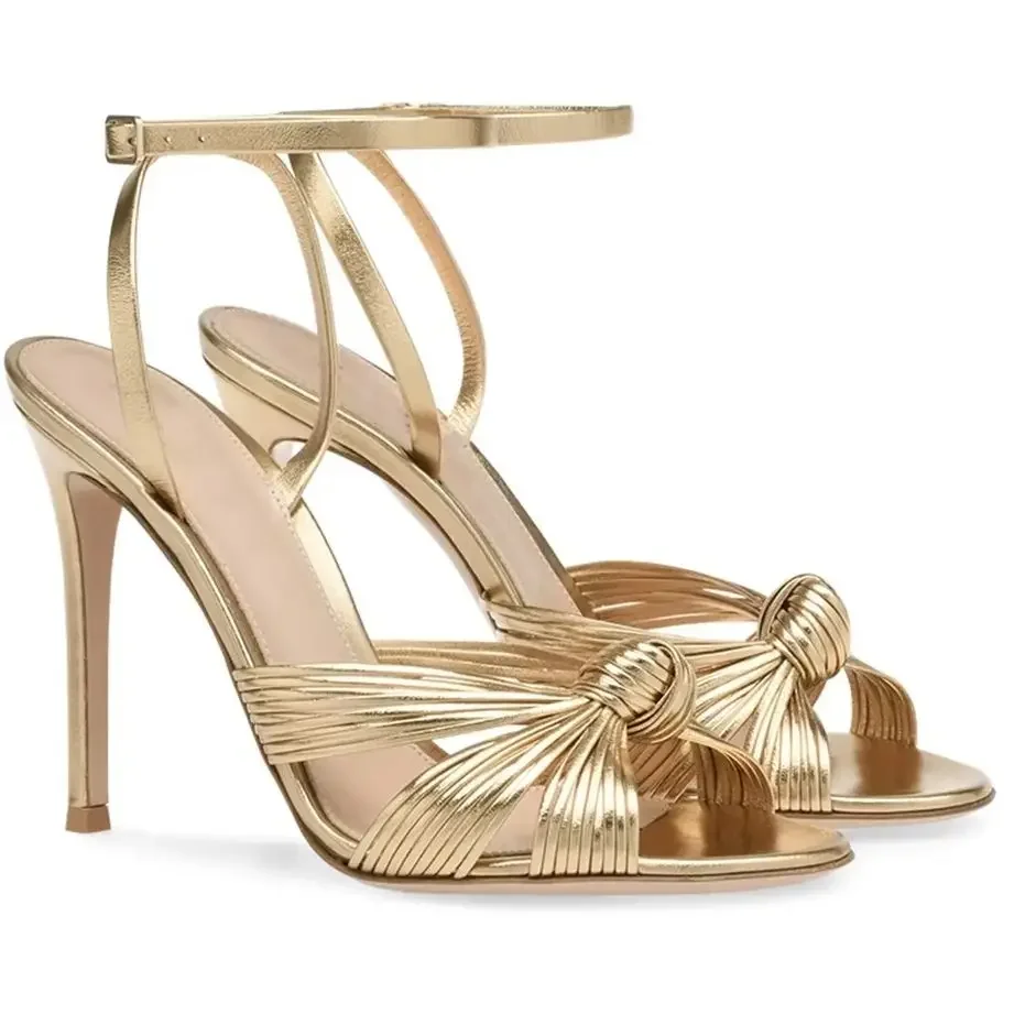 

Gold Color Stiletto Heel Sandals Cross One Word Belt Round Toe Slingback Ankle Strap PU Sandals Women Fashion Party Large Size46