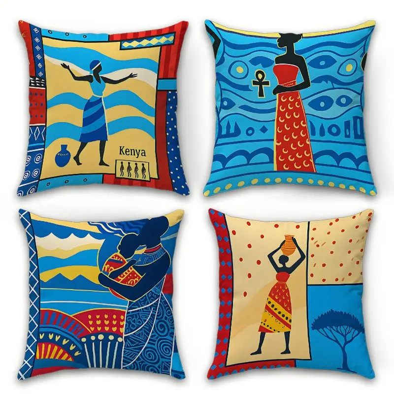 African Tribal Art Pillow Covers, Kenya Egyptian Inspired Decorative Throw Pillow Cases, Afrocentric Home Decor Cushion Covers