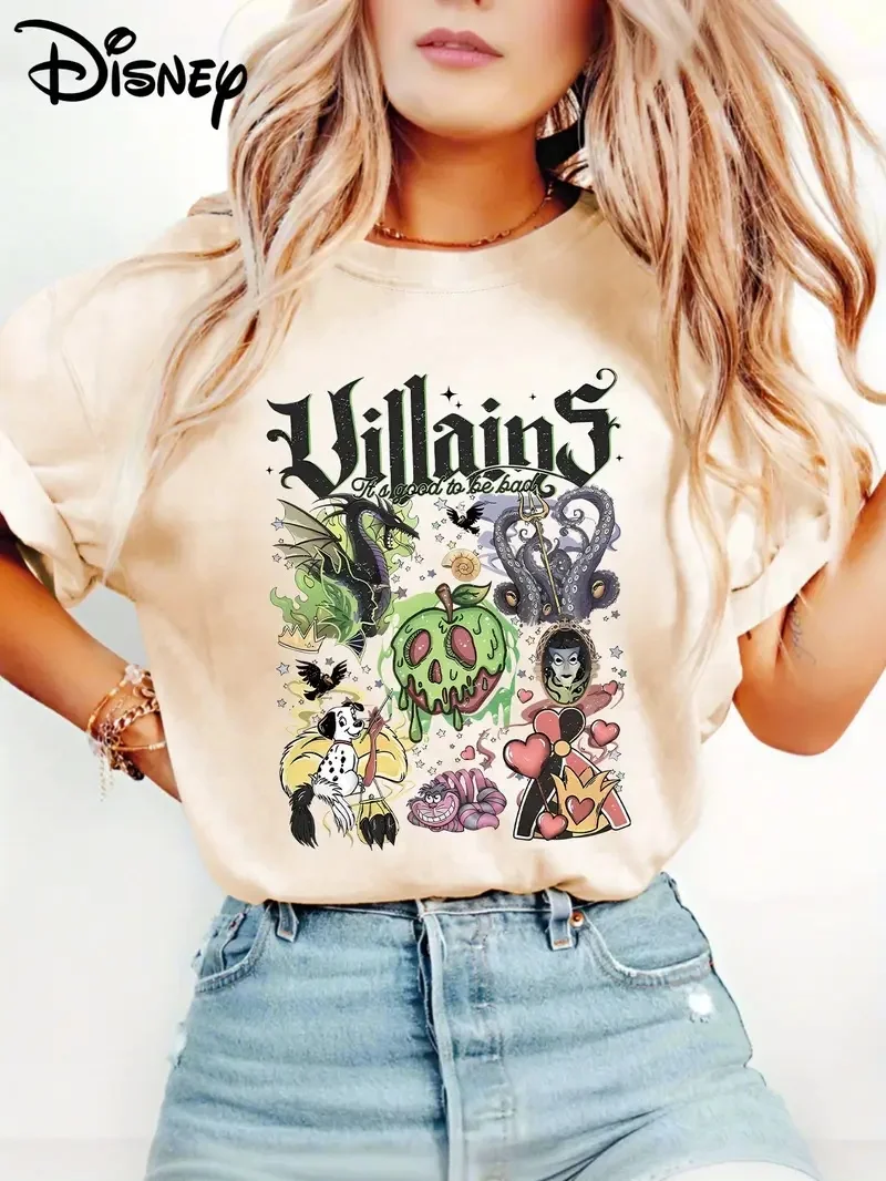 

2025 Disney Pattern Printed Women's Casual Comfortable Unique Smiling Face Black Round Neck Short Sleeve T-shirt