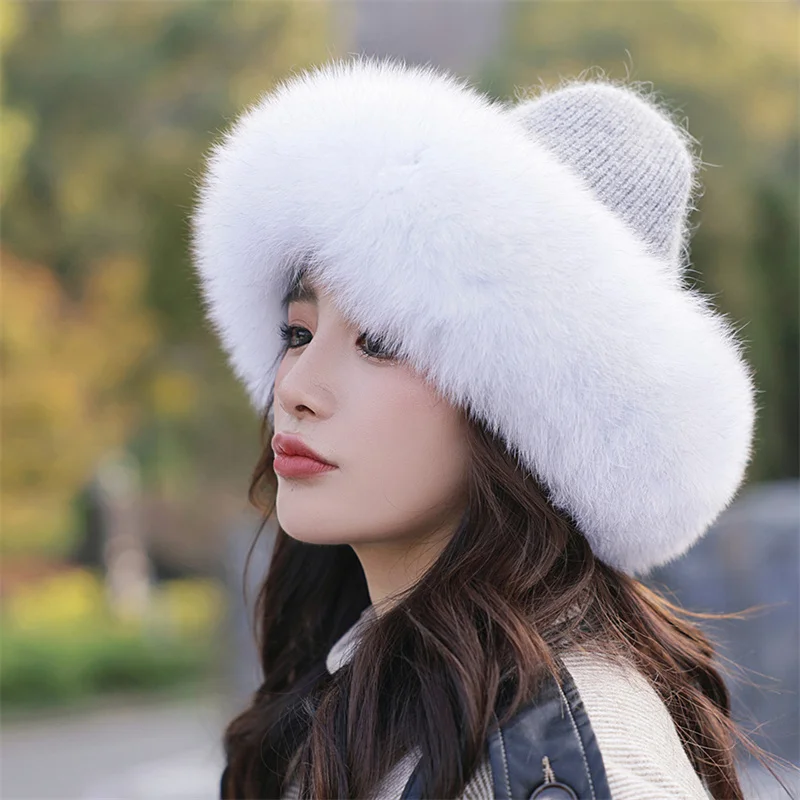 Fur Hat Women's Warm Snow Ski Hat Women's Fox Fur Baseball Cap Women's Windproof Winter Hat Russian Hat Ushanka