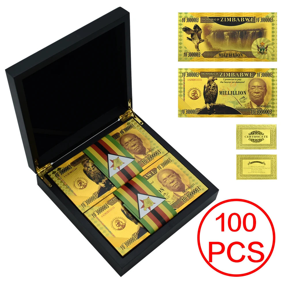 100pcs Zimbabwe Gold Foil Banknotes 3000003zeros Millillion Dollars Art Worth Collection Exquisite Gifts with Wooden Box