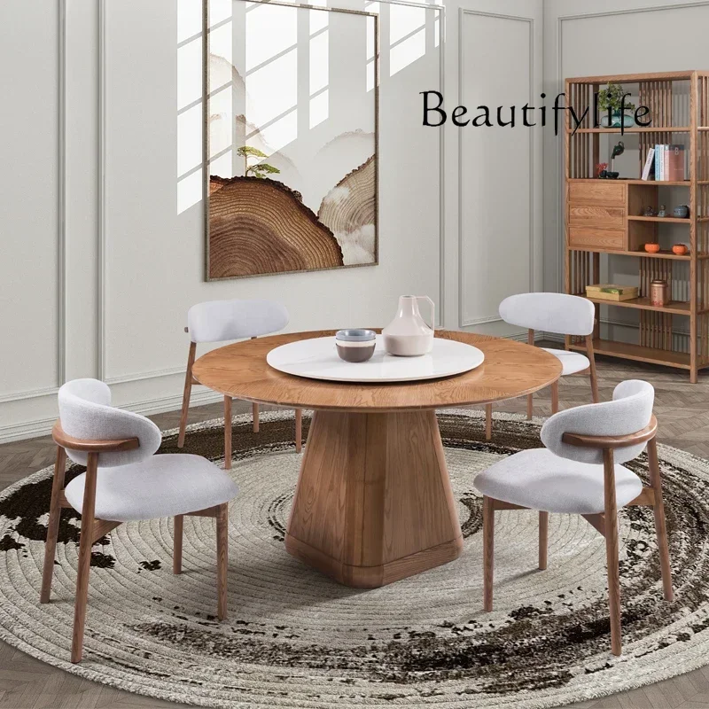 Solid wood dining table and chairs simple modern combination with turntable rock slab round table