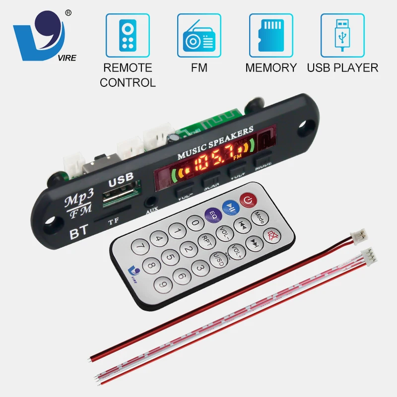 VIRE Bluetooth MP3 Decoding Board 5.1V 12V Wireless Bluetooth Audio  Module Support TF SD Card USB FM Radio Mp3 Player Module