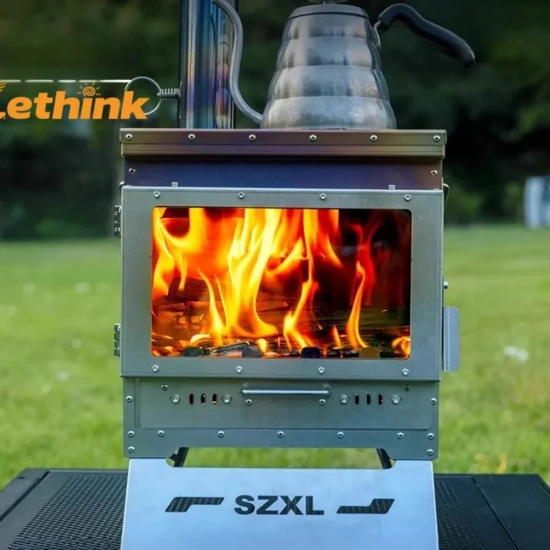 Estufa para tienda de campaña, chimenea sin humo de acero inoxidable, estufa de leña de combustión secundaria, calentador de leña con ventana de vidrio grande