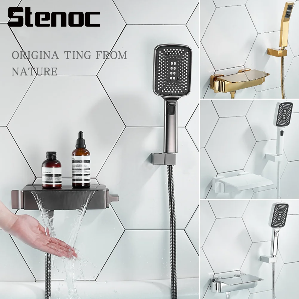 Stenoc Shower Faucet Chrome/Gold Bathtub Simple Shower Set Booster Nozzle Brass Wall Mounted Waterfall Hot And Cold Knob Faucet