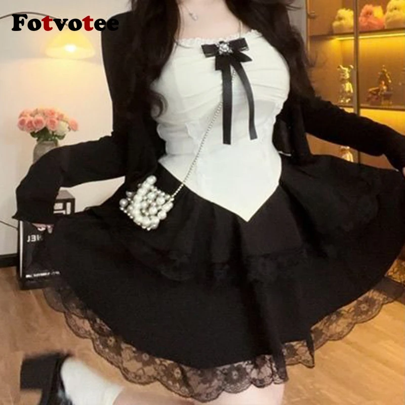 FOTVOTEE Chic Skirt Set Women Cropped Cardigan Suspender Vest Lace Edge Mini Skirts 2025 New Fashion 3 Piece Sets Womens Outfits