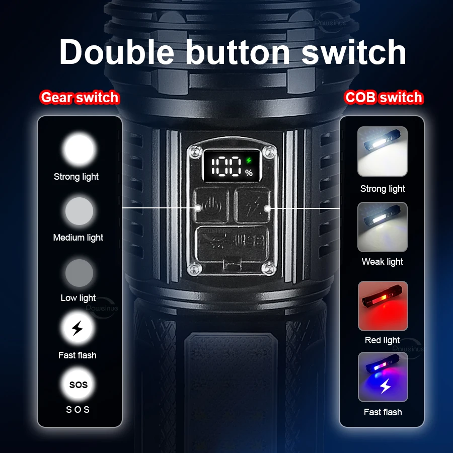 5000000lm Powerful Led Flashlights 1600w Led Rechargeable Torch With Cob Light Tactical High Power Flashlight 15000mah Lantern