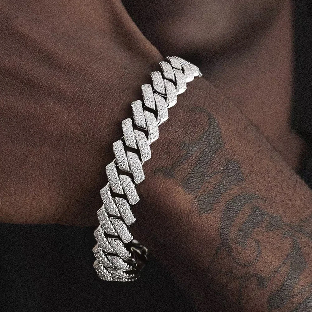 7/8/9inch 14MM Cuban Link Chain Bracelets Women Men Rhinestone Paved Prong Cuban Chain Bracelet Wristband Hip Hop Jewelry