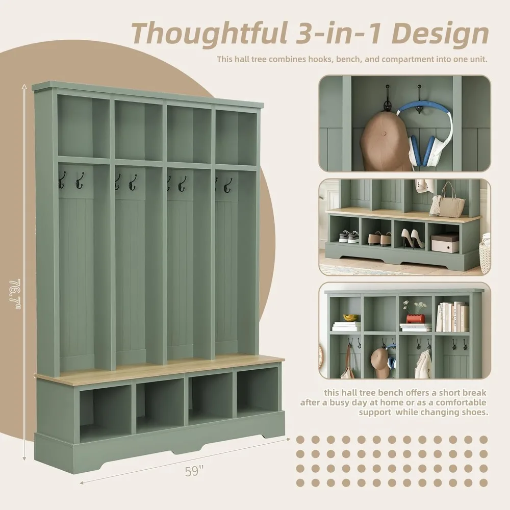 مقعد مدخل على طراز المزرعة مع مساحة تخزين للأحذية ورف معطف، شجرة 59 قاعة مع حل تخزين متعدد الأقسام