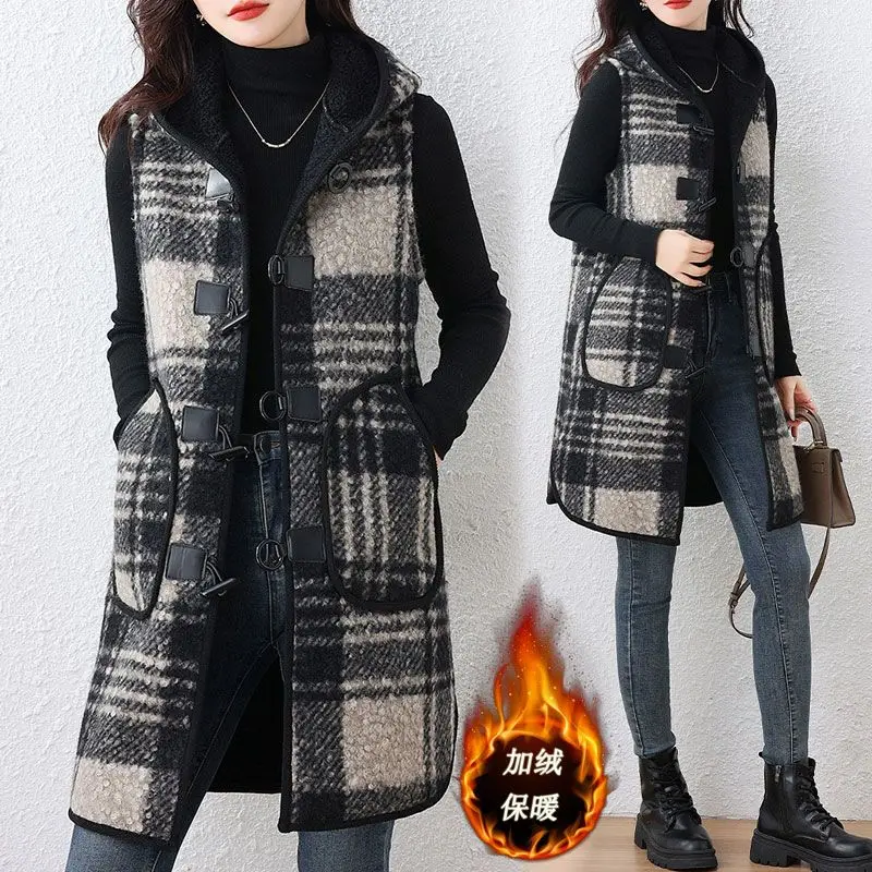 

Autumn Winter Casual Color Block Plaid Sleeveless Woolen Jacket Vest Women Wool Knitted Causal Coats Commute Thick Vest TS586